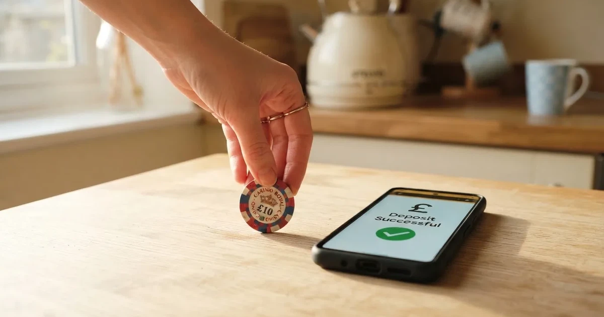 A hand places a £10 banknote next to a smartphone showing a bank transfer confirmation screen on a kitchen table.