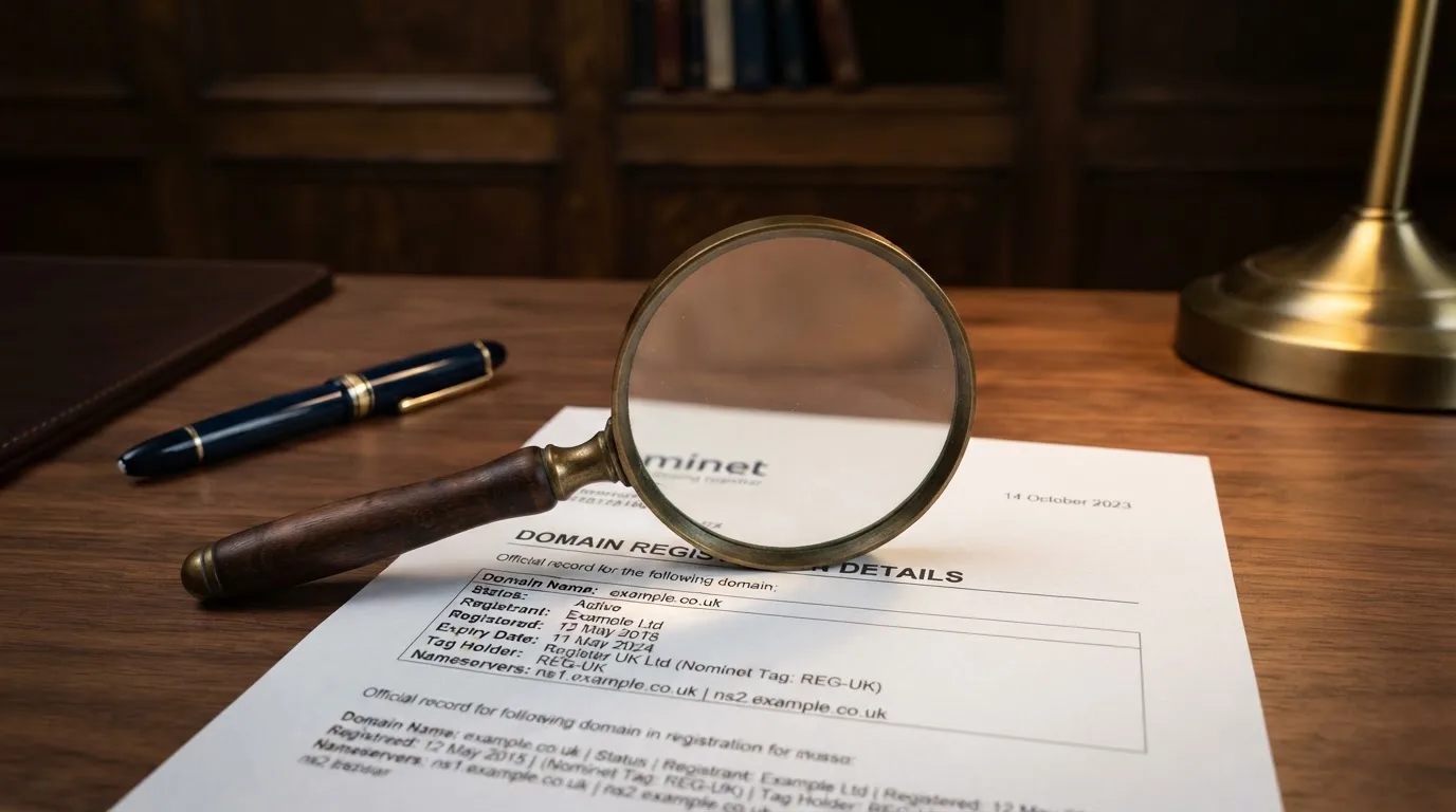A magnifying glass rests over a printed regulatory certificate on a wooden desk.