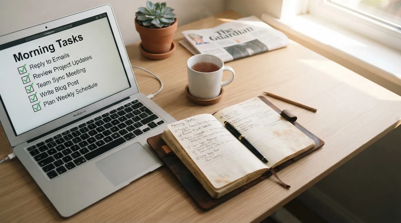 A tidy desk with a notebook, a mug of tea and a laptop open to a checklist, morning light through a window.