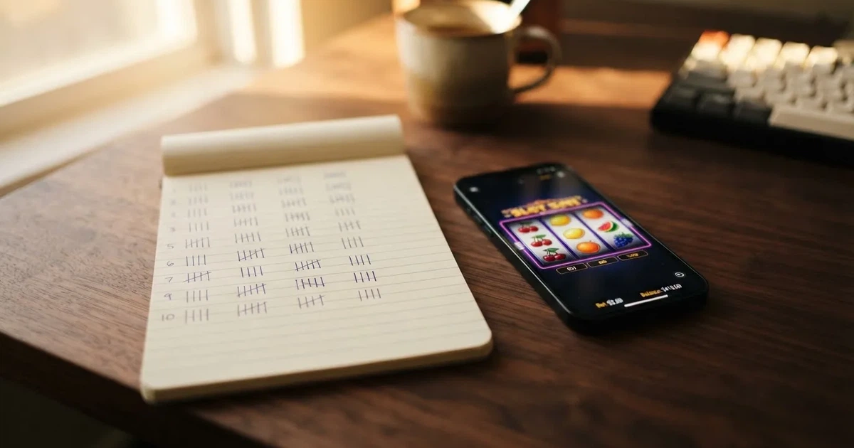 A notepad with a tally of spin counts rests beside a smartphone displaying a slot-reel icon on a desk.