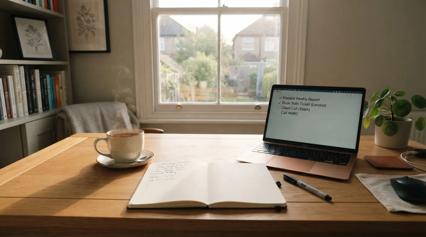 A tidy desk with a notebook, a mug of tea and a laptop open to a checklist, morning light through a window.