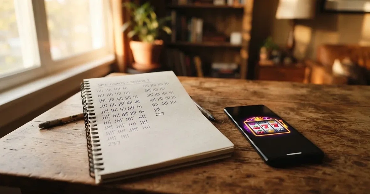 A notepad with a tally of spin counts rests beside a smartphone displaying a slot-reel icon on a desk.