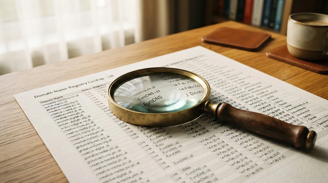 A magnifying glass rests over a printed regulatory certificate on a wooden desk.