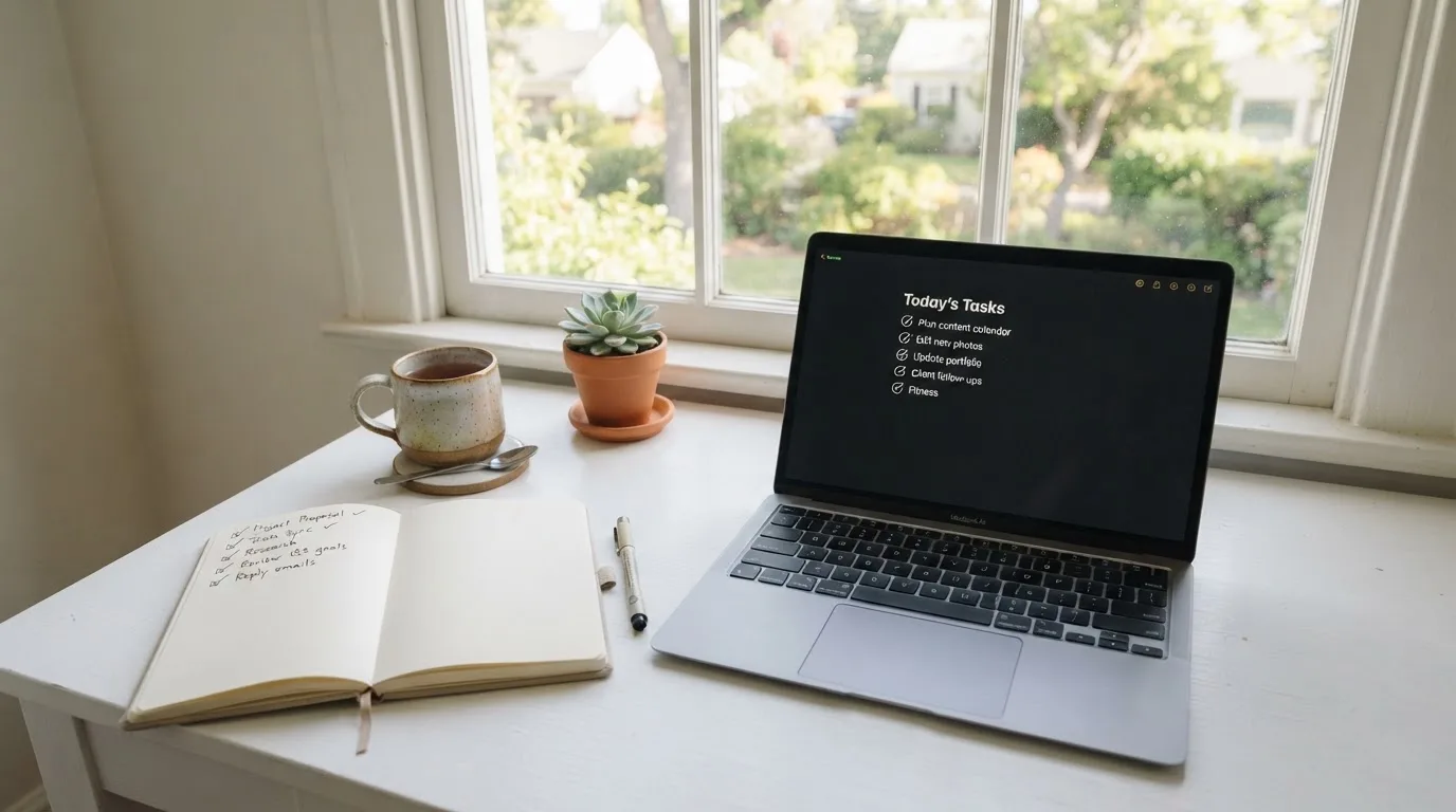A tidy desk with a notebook, a mug of tea and a laptop open to a checklist, morning light through a window.
