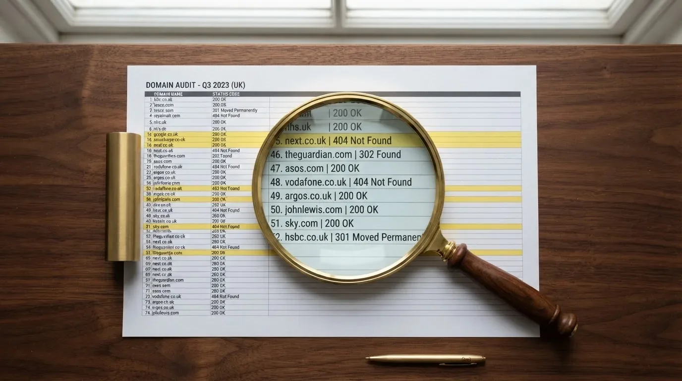 A magnifying glass rests over a printed regulatory certificate on a wooden desk.