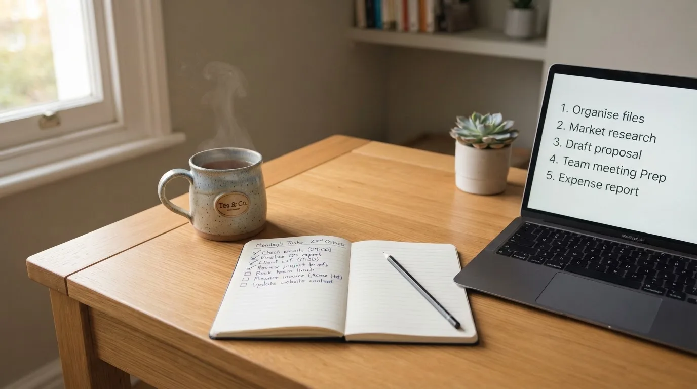 A tidy desk with a notebook, a mug of tea and a laptop open to a checklist, morning light through a window.