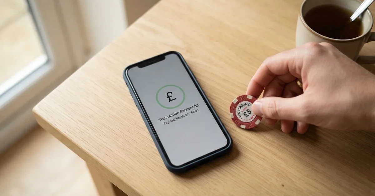 A hand places a £2 coin next to a smartphone showing a bank transfer confirmation screen on a kitchen table.