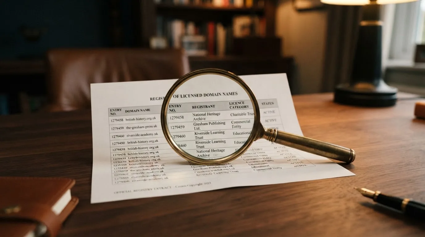 A magnifying glass rests over a printed regulatory certificate on a wooden desk.
