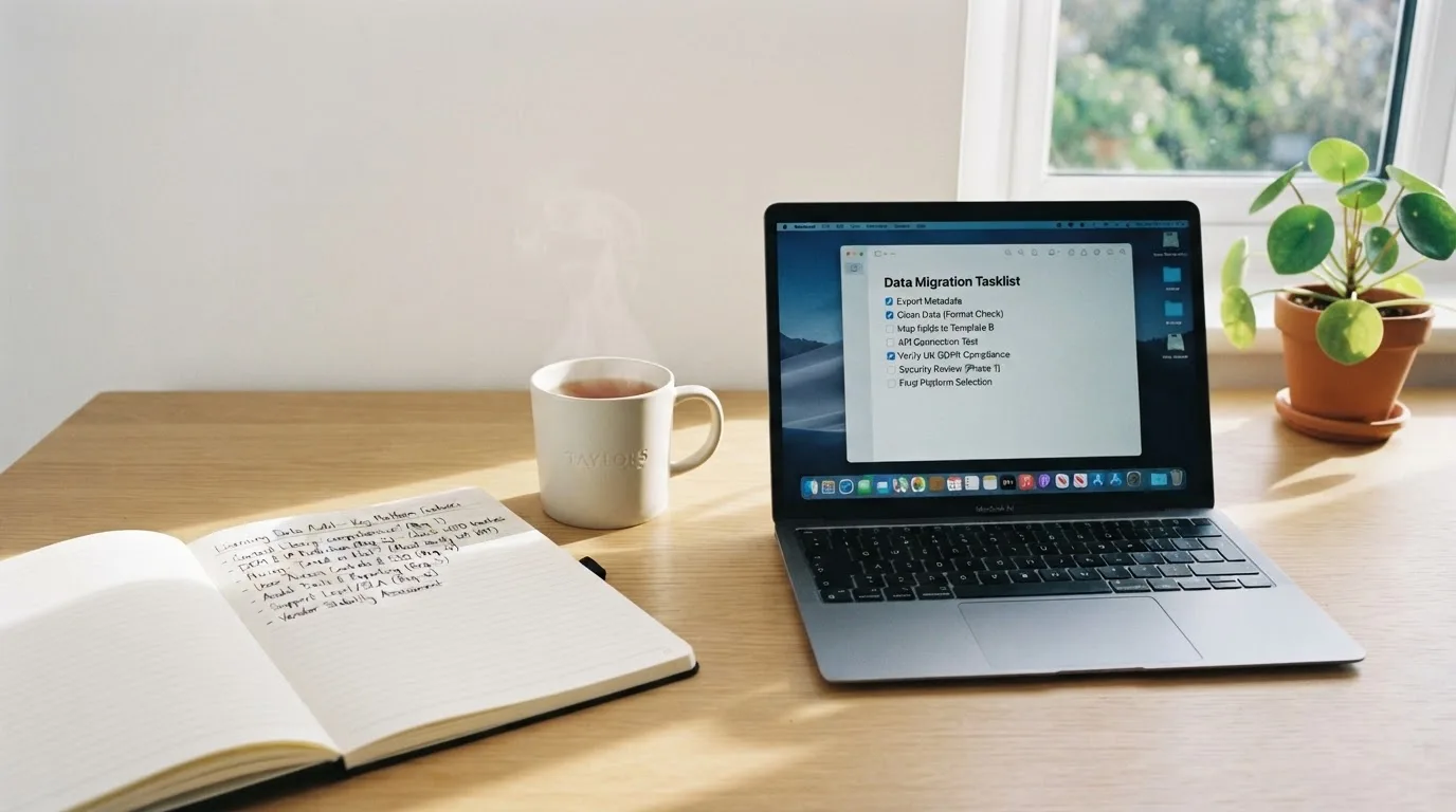 A tidy desk with a notebook, a mug of tea and a laptop open to a checklist, morning light through a window.