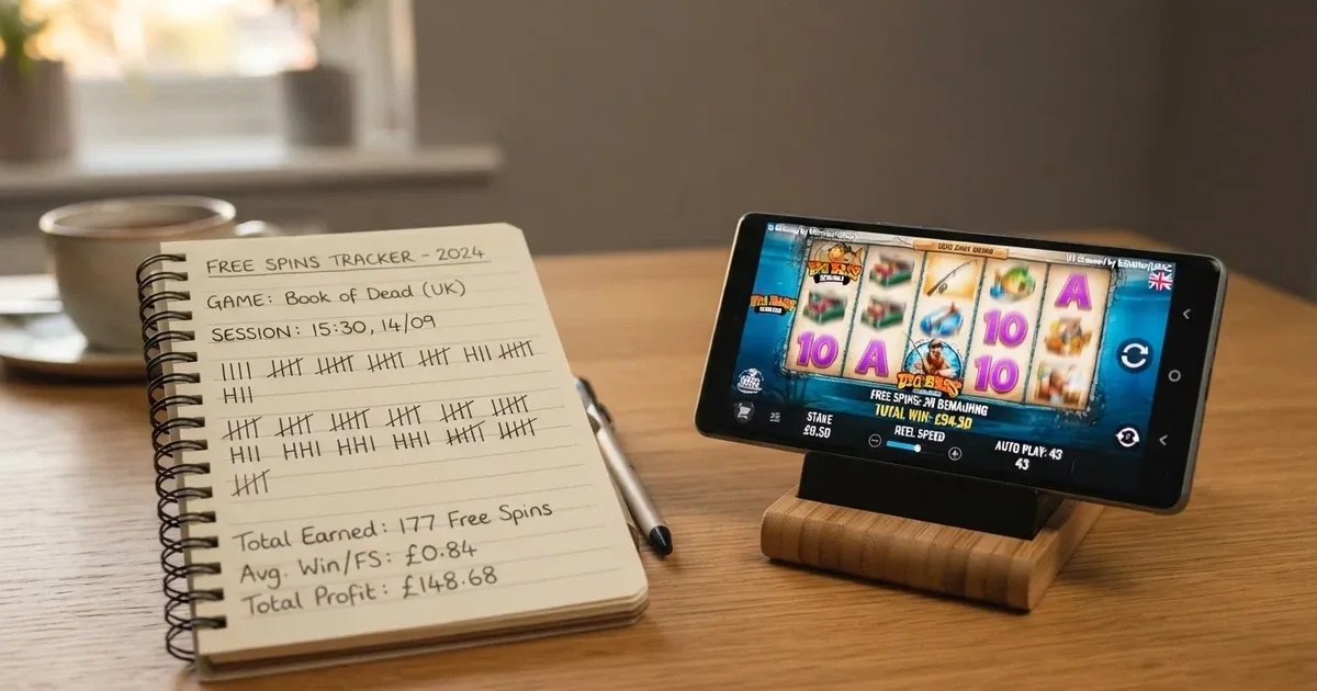 A notepad with a tally of spin counts rests beside a smartphone displaying a slot-reel icon on a desk.