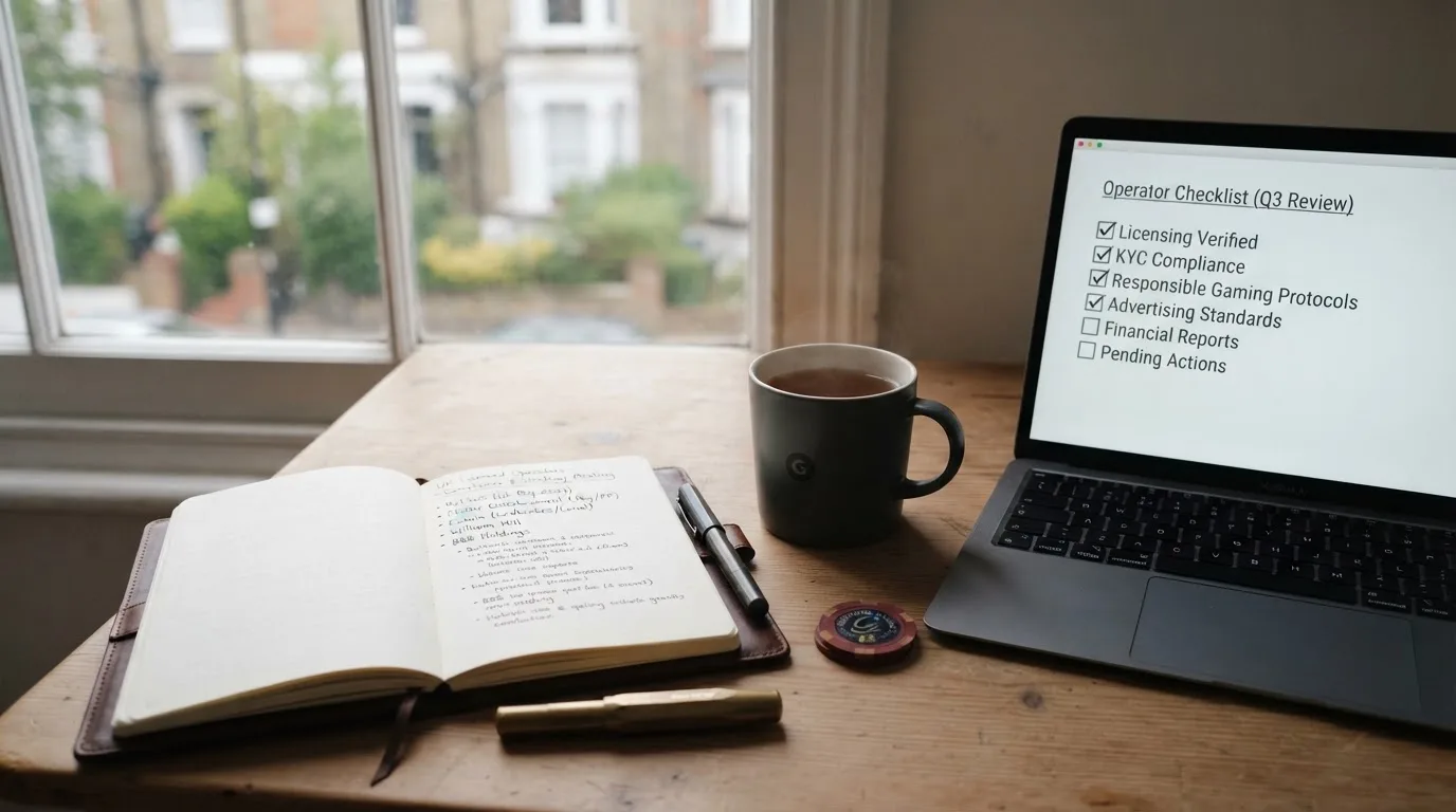 A tidy desk with a notebook, a mug of tea and a laptop open to a checklist, morning light through a window.