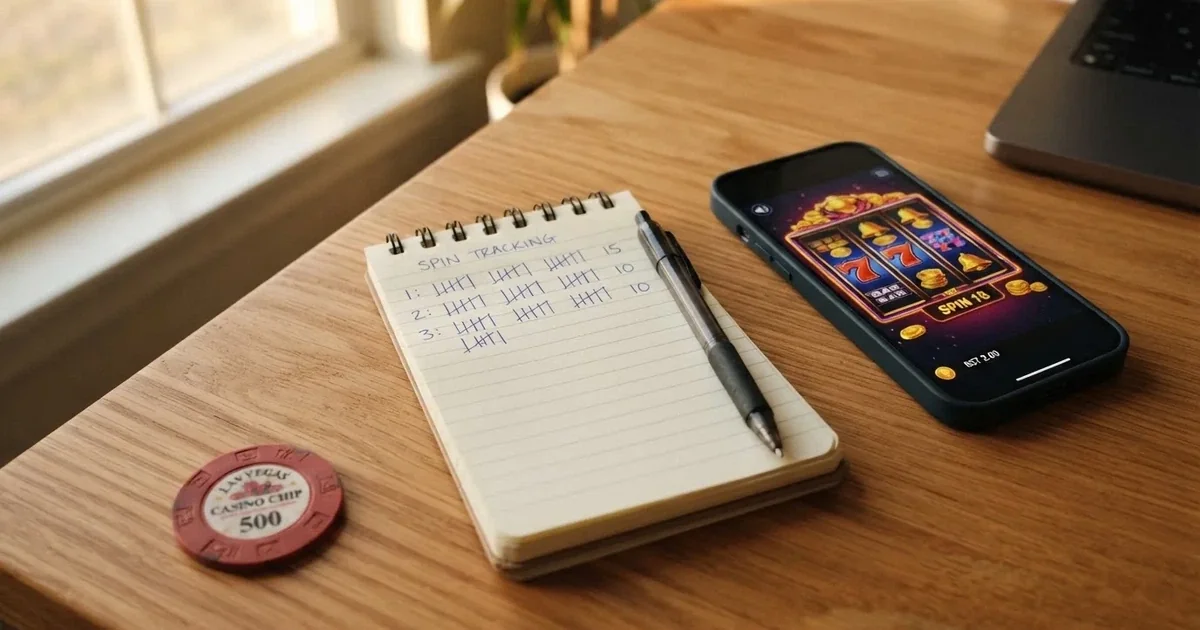 A notepad with a tally of spin counts rests beside a smartphone displaying a slot-reel icon on a desk.