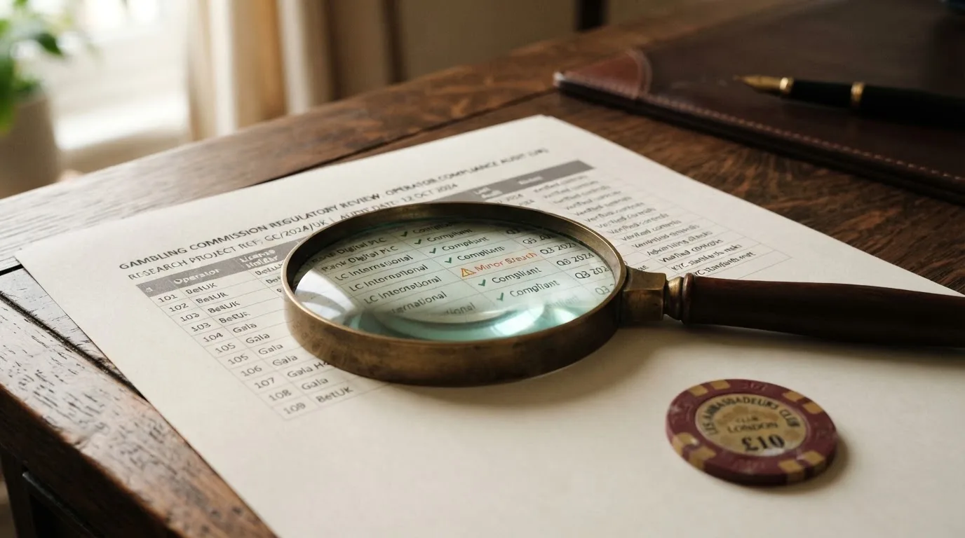A magnifying glass rests over a printed regulatory certificate on a wooden desk.