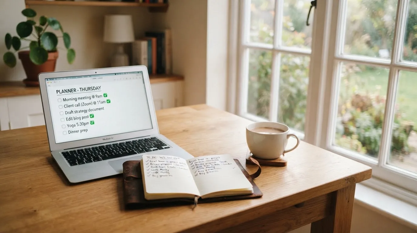 A tidy desk with a notebook, a mug of tea and a laptop open to a checklist, morning light through a window.