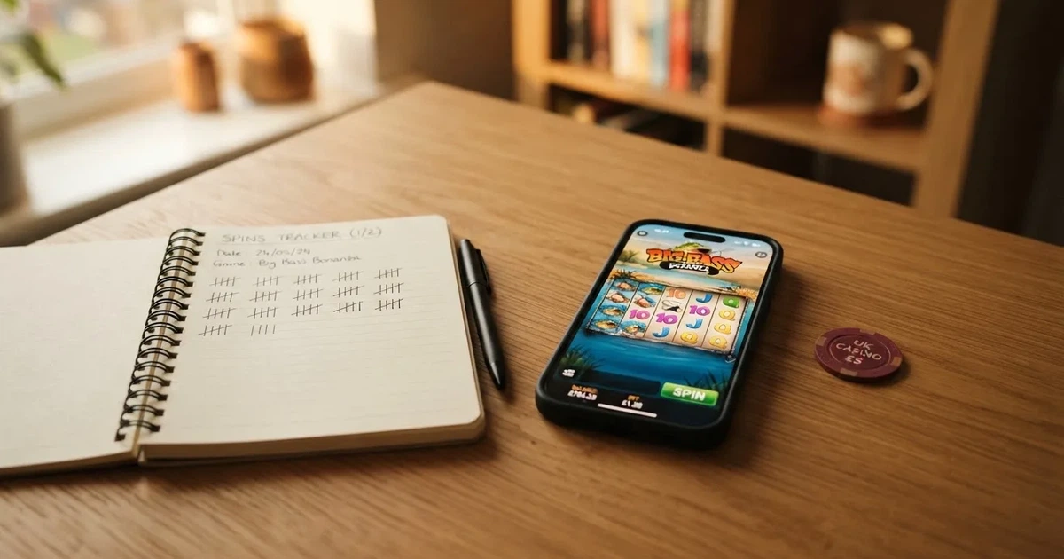 A notepad with a tally of spin counts rests beside a smartphone displaying a slot-reel icon on a desk.