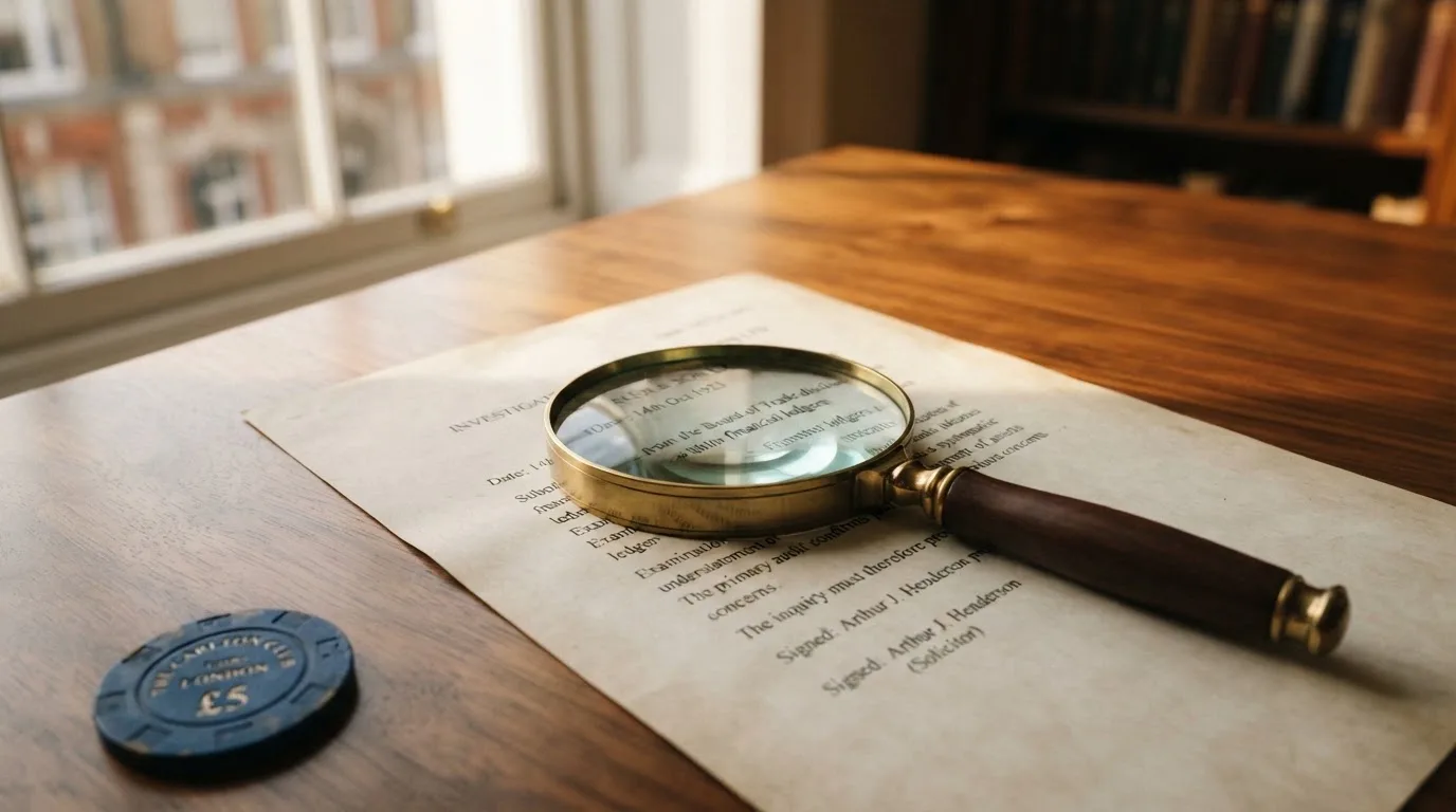 A magnifying glass rests over a printed regulatory certificate on a wooden desk.