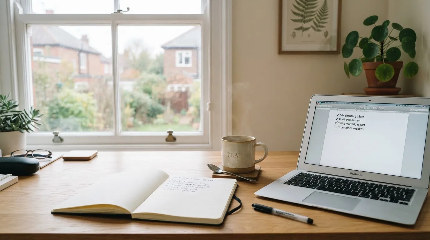 A tidy desk with a notebook, a mug of tea and a laptop open to a checklist, morning light through a window.