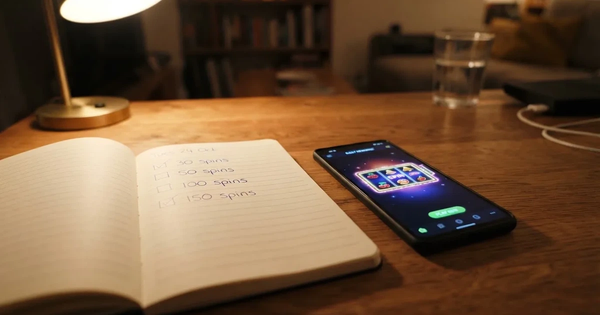 A notepad listing four spin-count tiers rests beside a smartphone displaying a slot-reel icon on a desk.