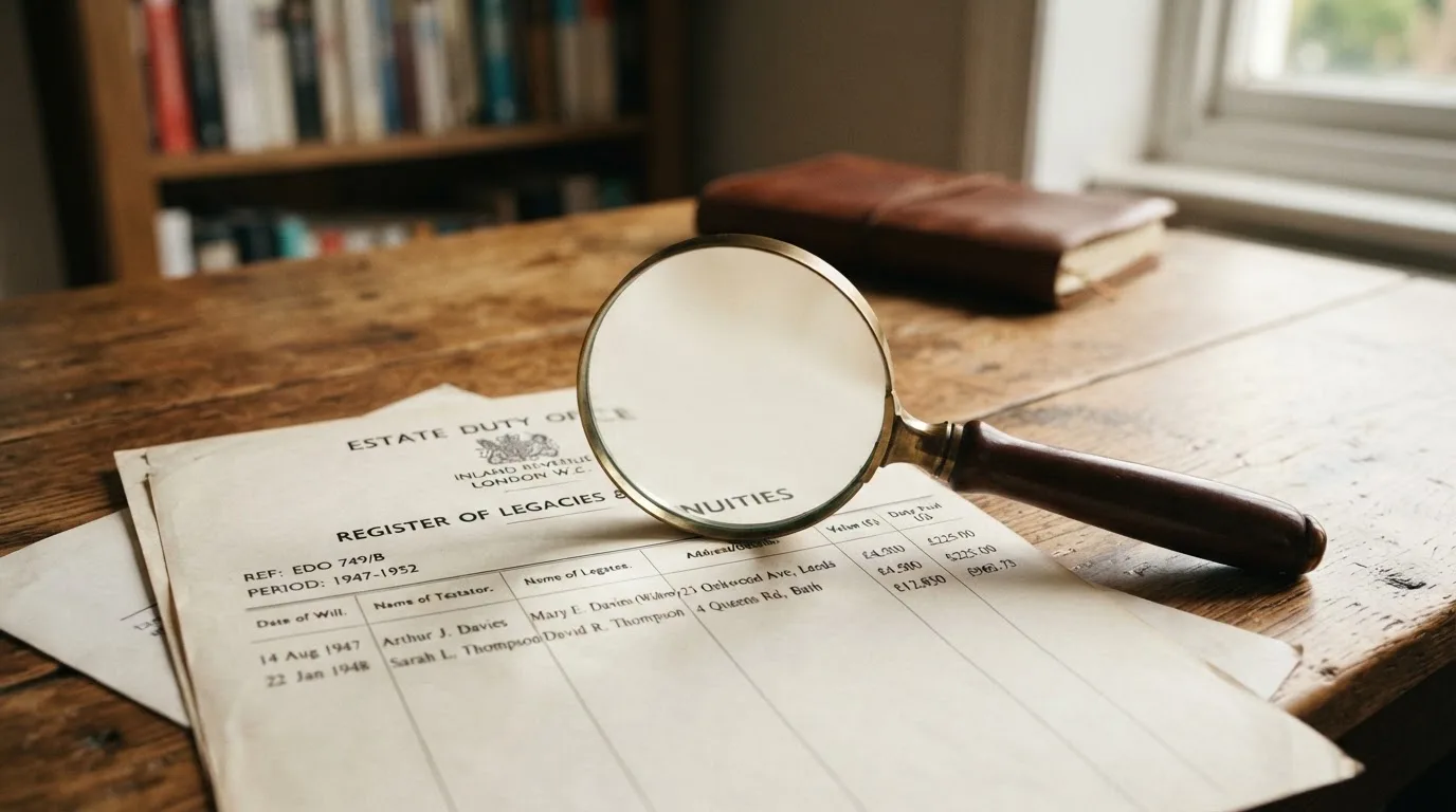 A magnifying glass rests over a printed regulatory certificate on a wooden desk.