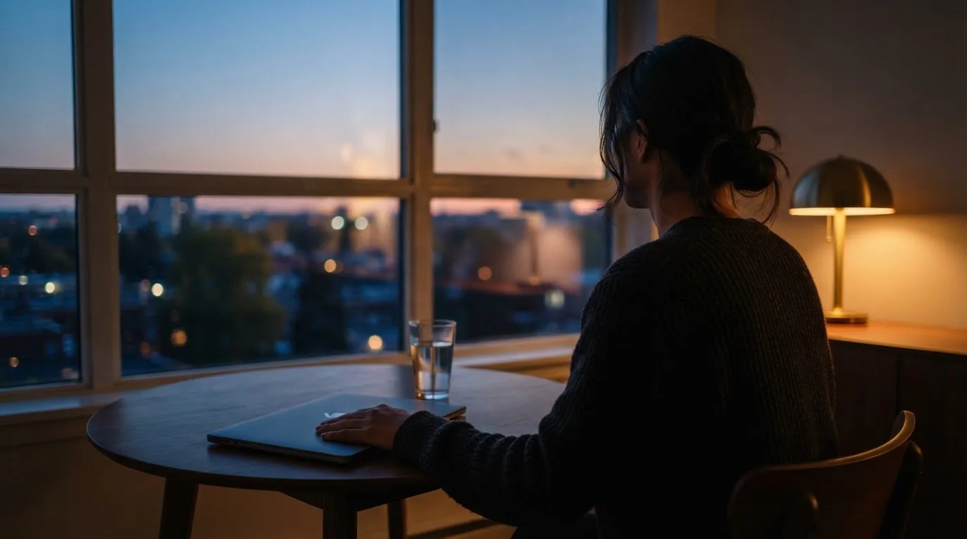 A person closes a laptop and looks out of a window at dusk, a glass of water on the table beside them.