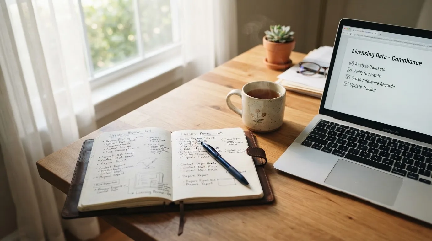 A tidy desk with a notebook, a mug of tea and a laptop open to a checklist, morning light through a window.