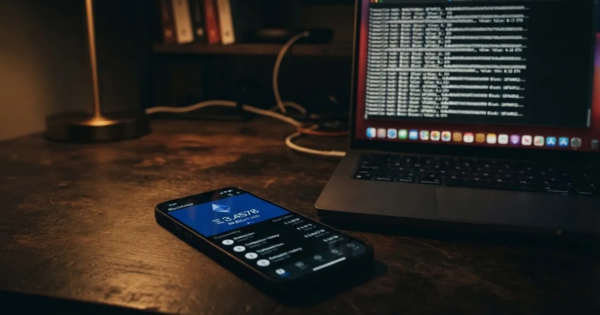 A smartphone displays a digital wallet balance next to a laptop showing scrolling transaction data in a dim room.