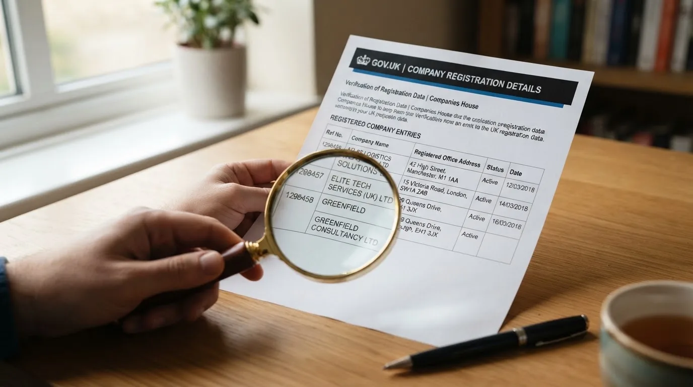 A magnifying glass rests over a printed regulatory certificate on a wooden desk.