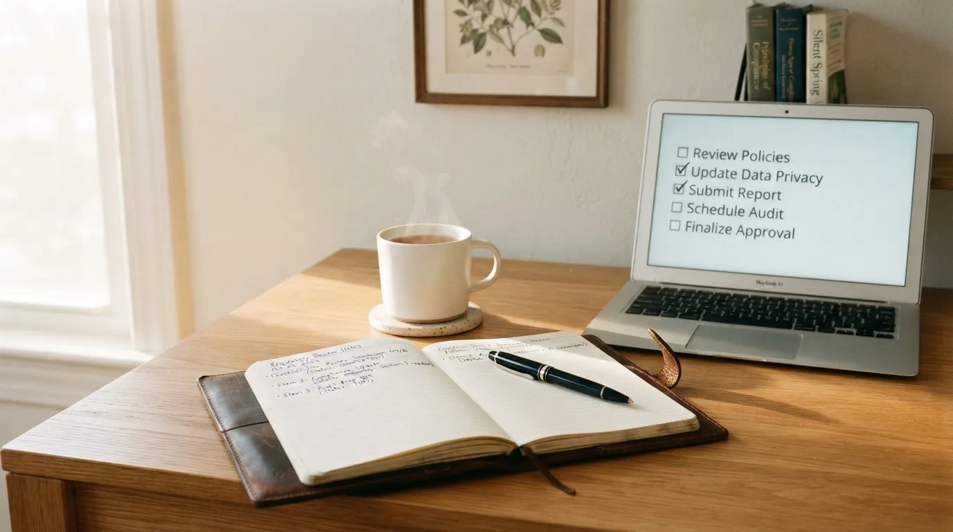 A tidy desk with a notebook, a mug of tea and a laptop open to a checklist, morning light through a window.