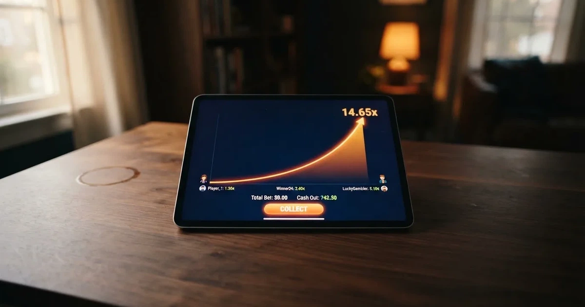 A tablet screen shows a rising flight-path line graph mid-round beside a cash-out button.