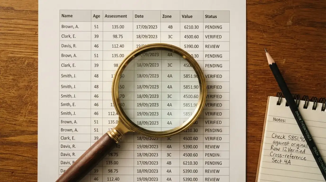 A magnifying glass rests over a printed regulatory certificate on a wooden desk.