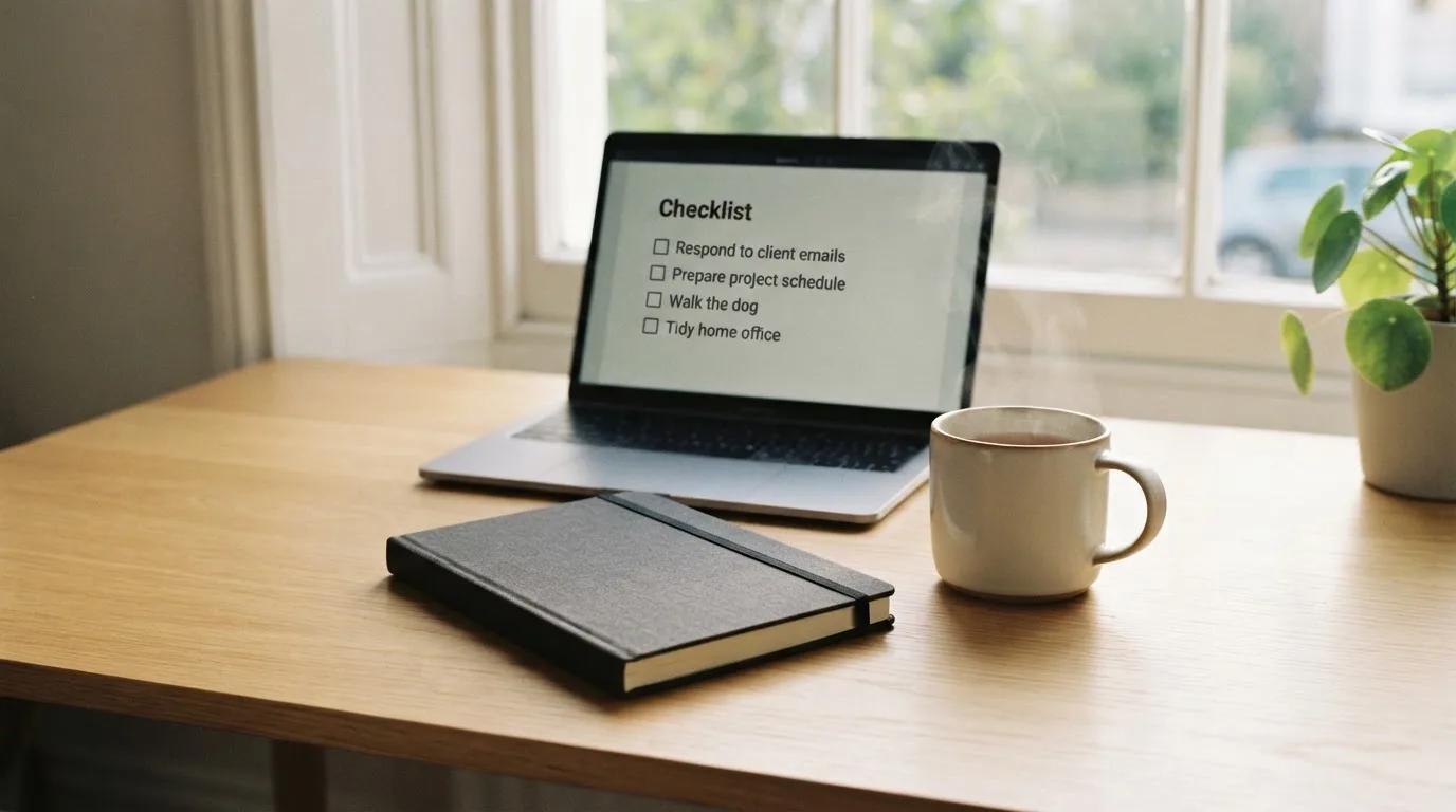 A tidy desk with a notebook, a mug of tea and a laptop open to a checklist, morning light through a window.