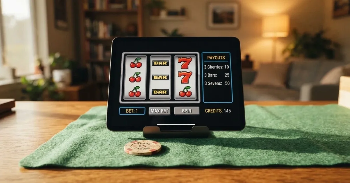 A tablet screen shows a simple three-reel slot layout with a payout chart beside it on a desk.