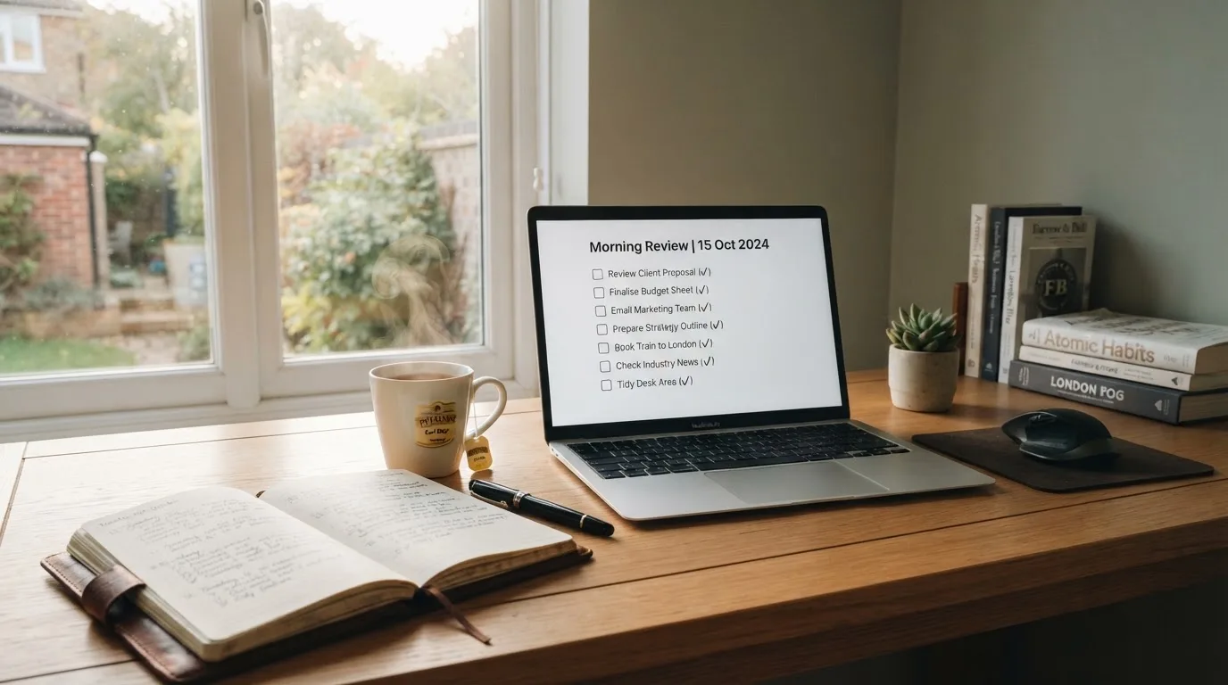 A tidy desk with a notebook, a mug of tea and a laptop open to a checklist, morning light through a window.