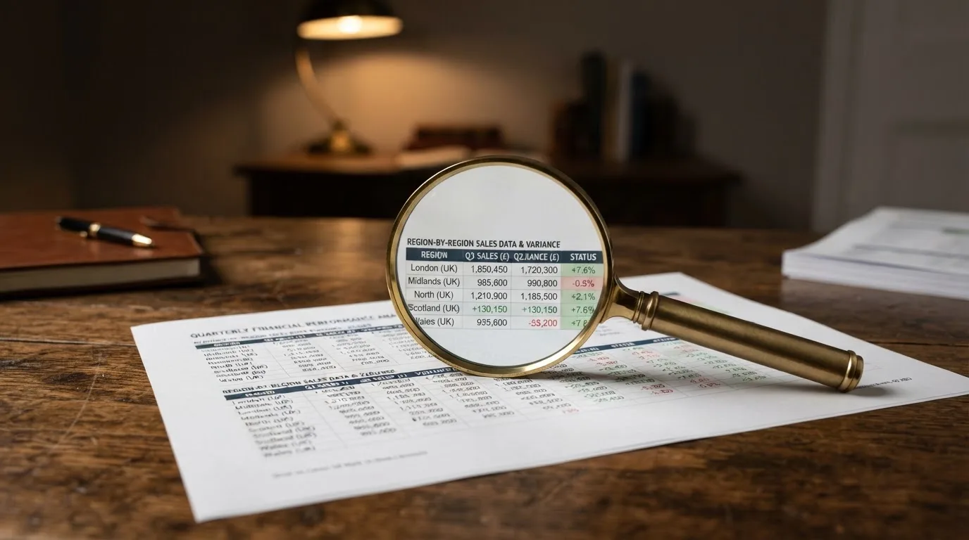 A magnifying glass rests over a printed regulatory certificate on a wooden desk.