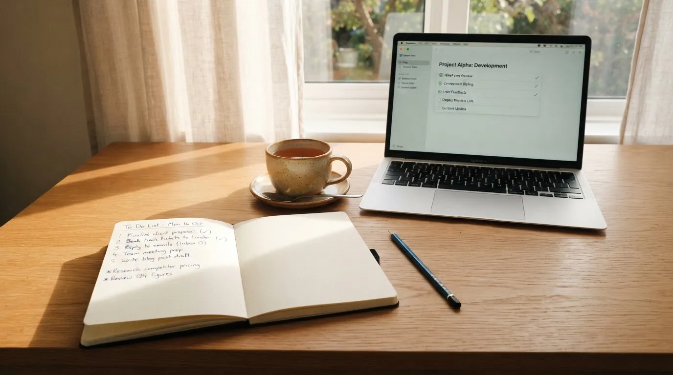 A tidy desk with a notebook, a mug of tea and a laptop open to a checklist, morning light through a window.