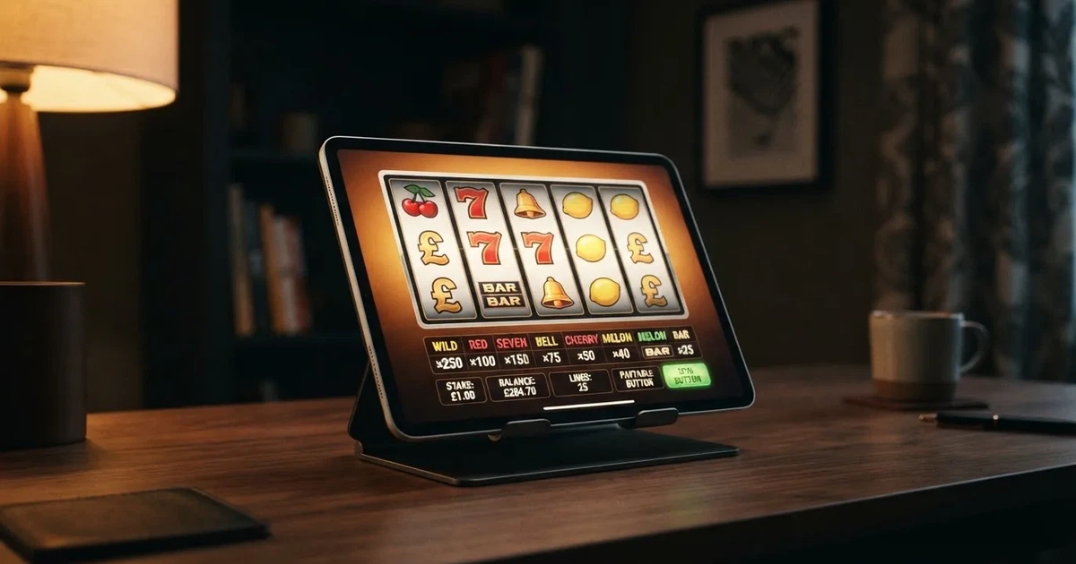 A tablet propped on a stand displays a grid of slot symbols and a payout chart in a dimly lit room.