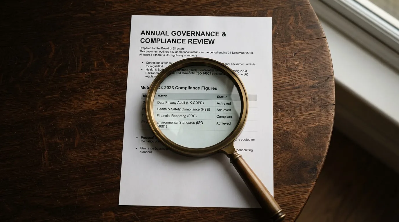 A magnifying glass rests over a printed regulatory certificate on a wooden desk.