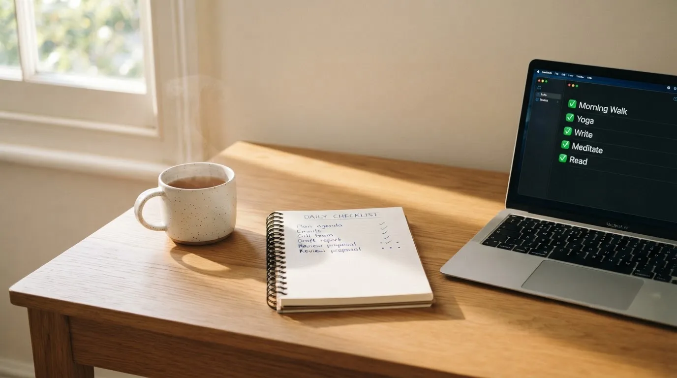A tidy desk with a notebook, a mug of tea and a laptop open to a checklist, morning light through a window.