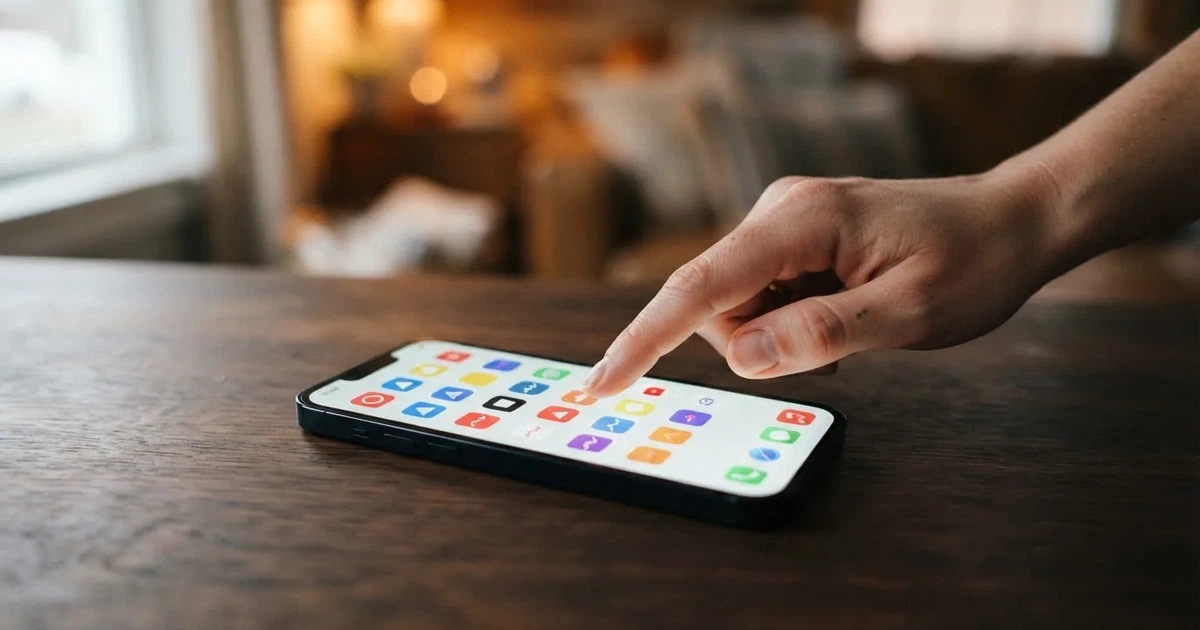 A close-up of a finger tapping a smartphone screen showing rows of casino-style app icons.