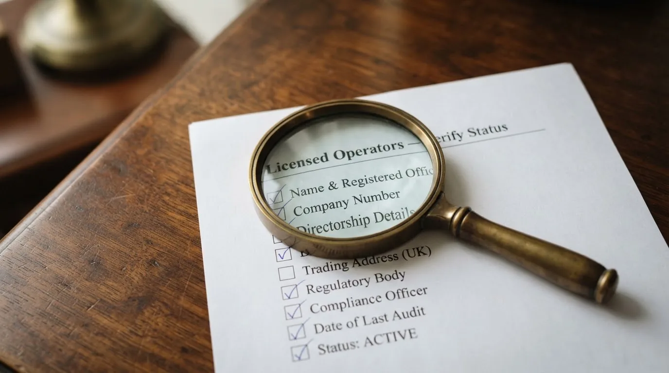 A magnifying glass rests over a printed regulatory certificate on a wooden desk.