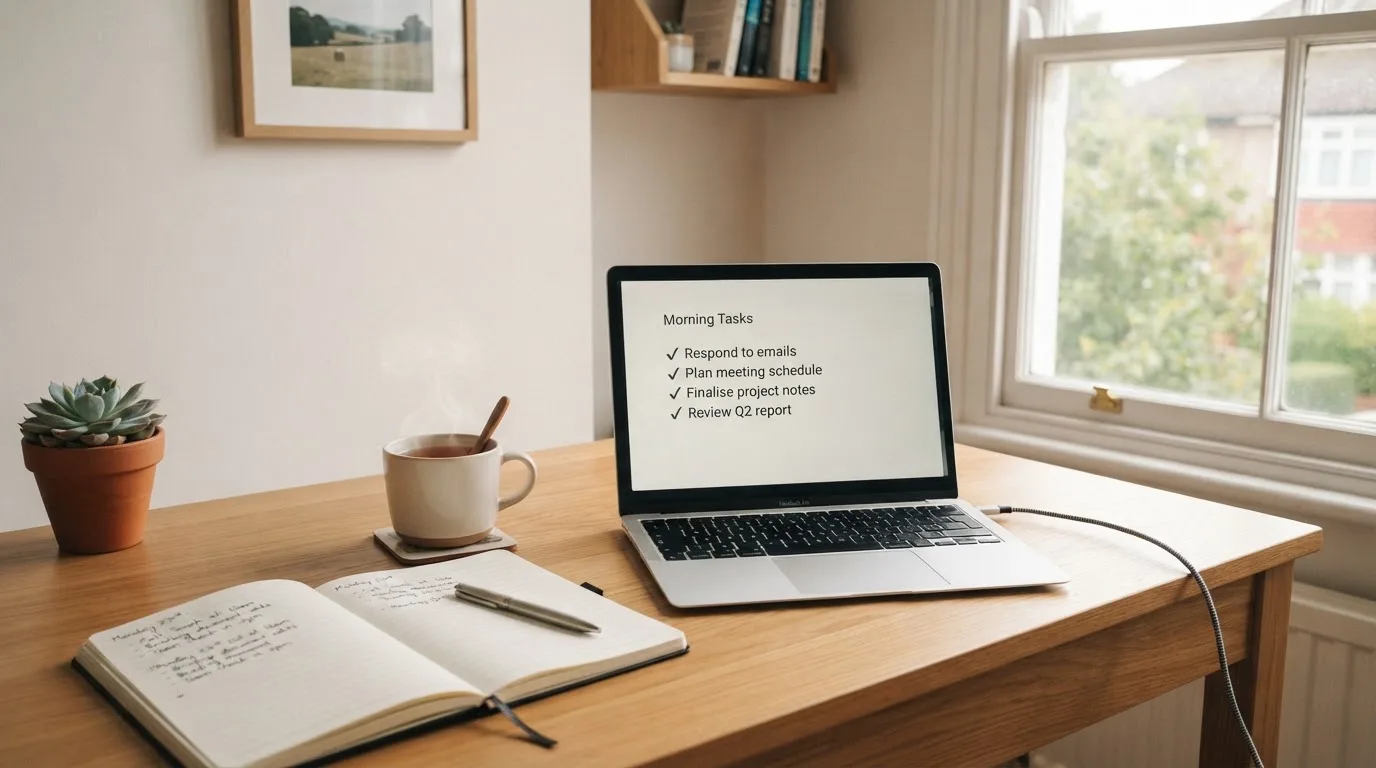 A tidy desk with a notebook, a mug of tea and a laptop open to a checklist, morning light through a window.