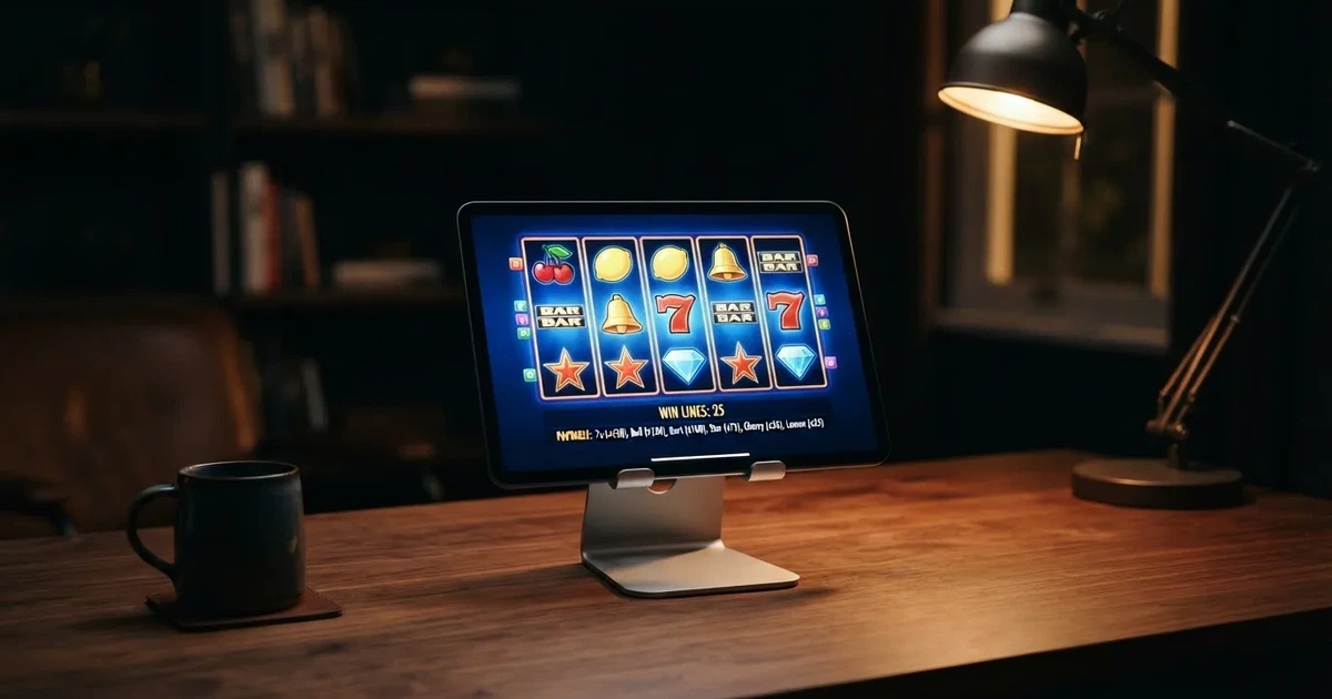 A tablet propped on a stand displays a grid of slot symbols and a payout chart in a dimly lit room.