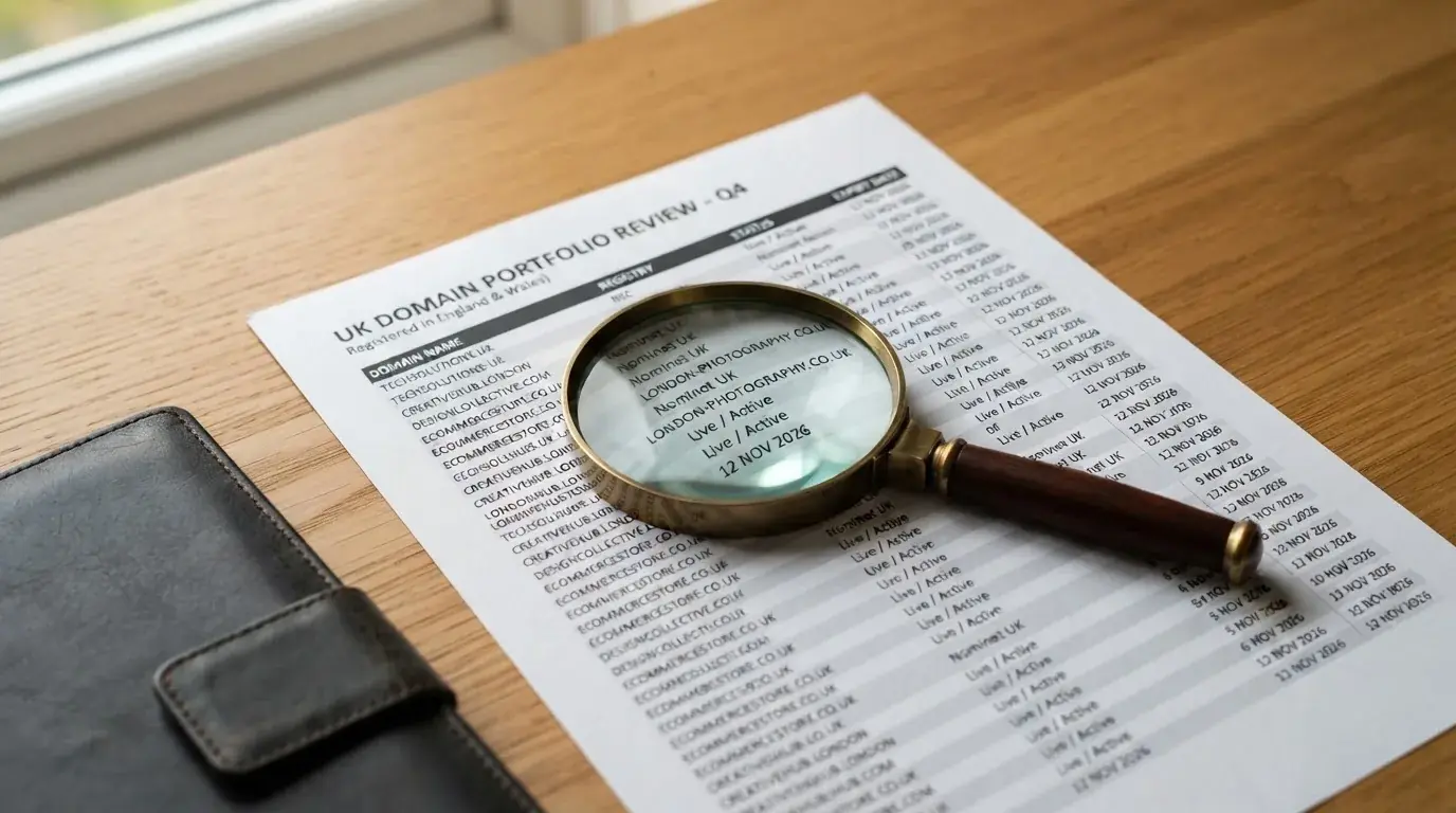 A magnifying glass rests over a printed regulatory certificate on a wooden desk.
