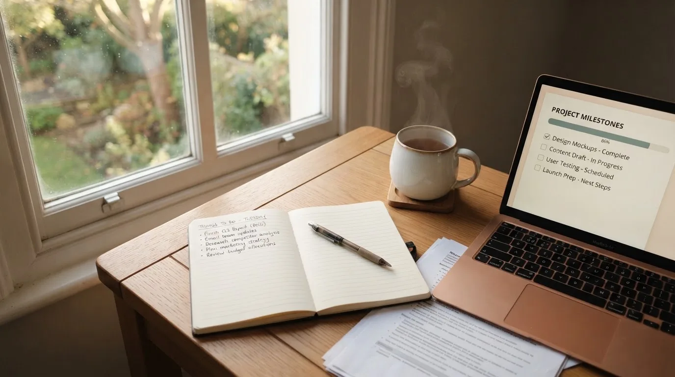 A tidy desk with a notebook, a mug of tea and a laptop open to a checklist, morning light through a window.