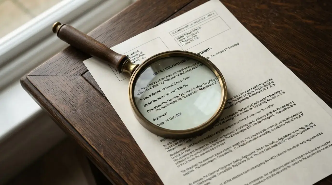 A magnifying glass rests over a printed regulatory certificate on a wooden desk.