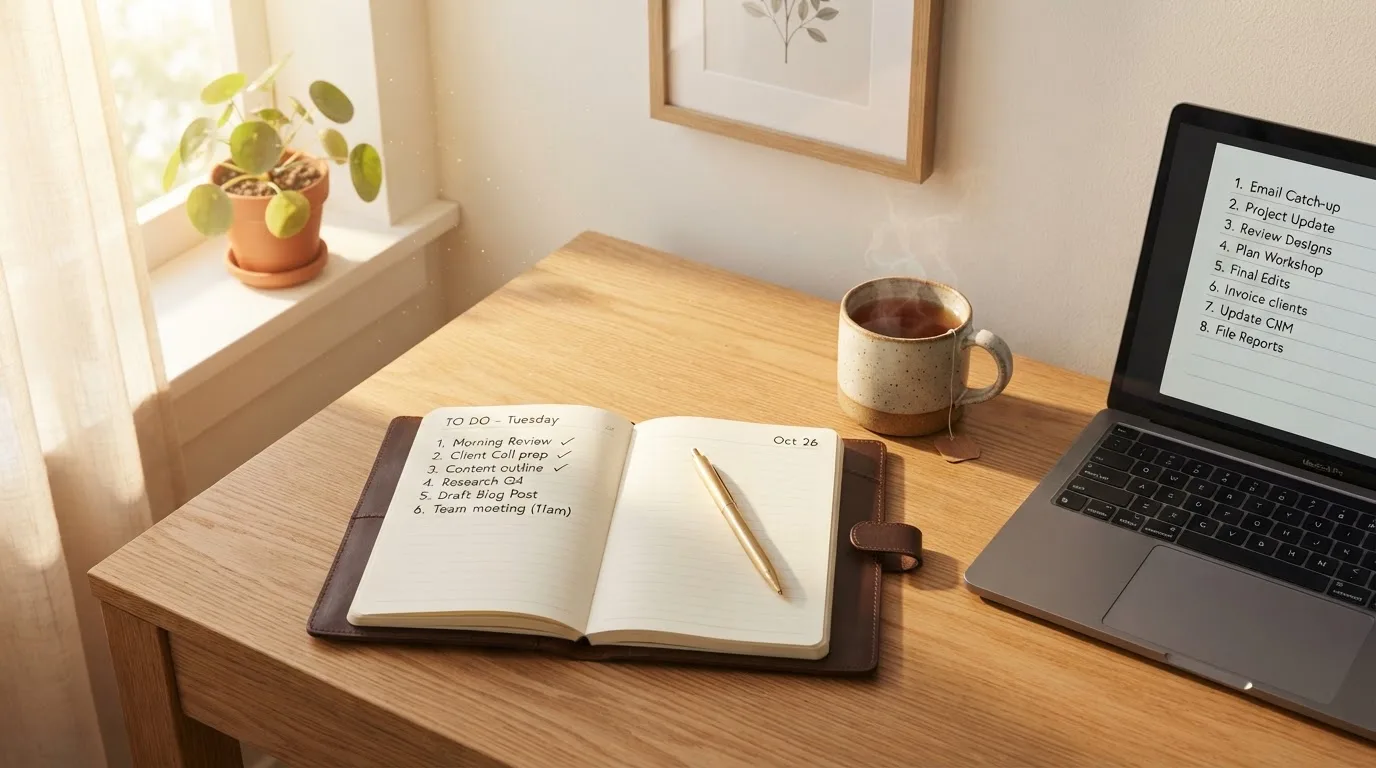 A tidy desk with a notebook, a mug of tea and a laptop open to a checklist, morning light through a window.
