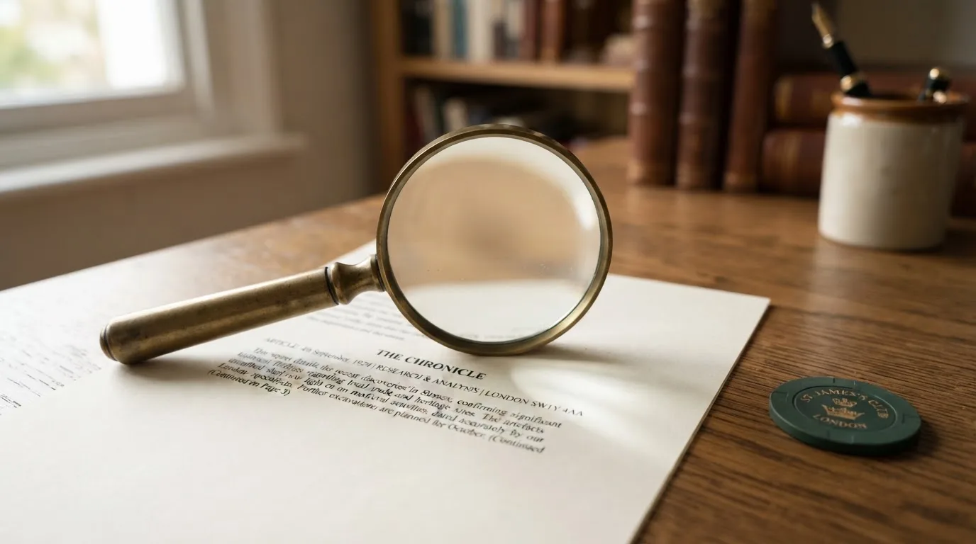 A magnifying glass rests over a printed regulatory certificate on a wooden desk.