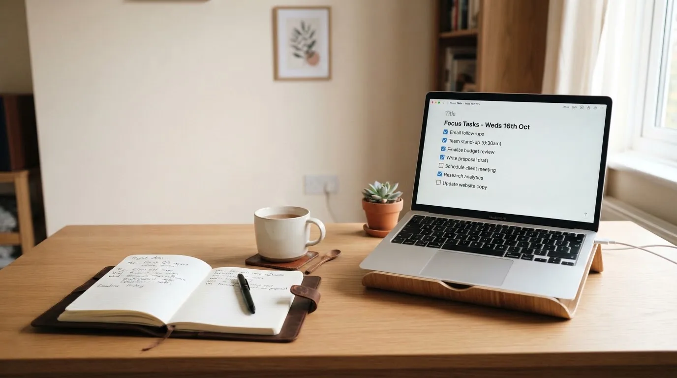 A tidy desk with a notebook, a mug of tea and a laptop open to a checklist, morning light through a window.