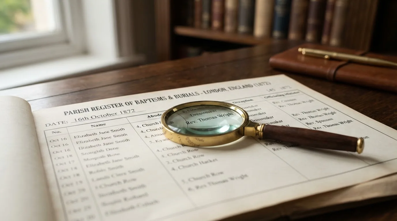A magnifying glass rests over a printed regulatory certificate on a wooden desk.