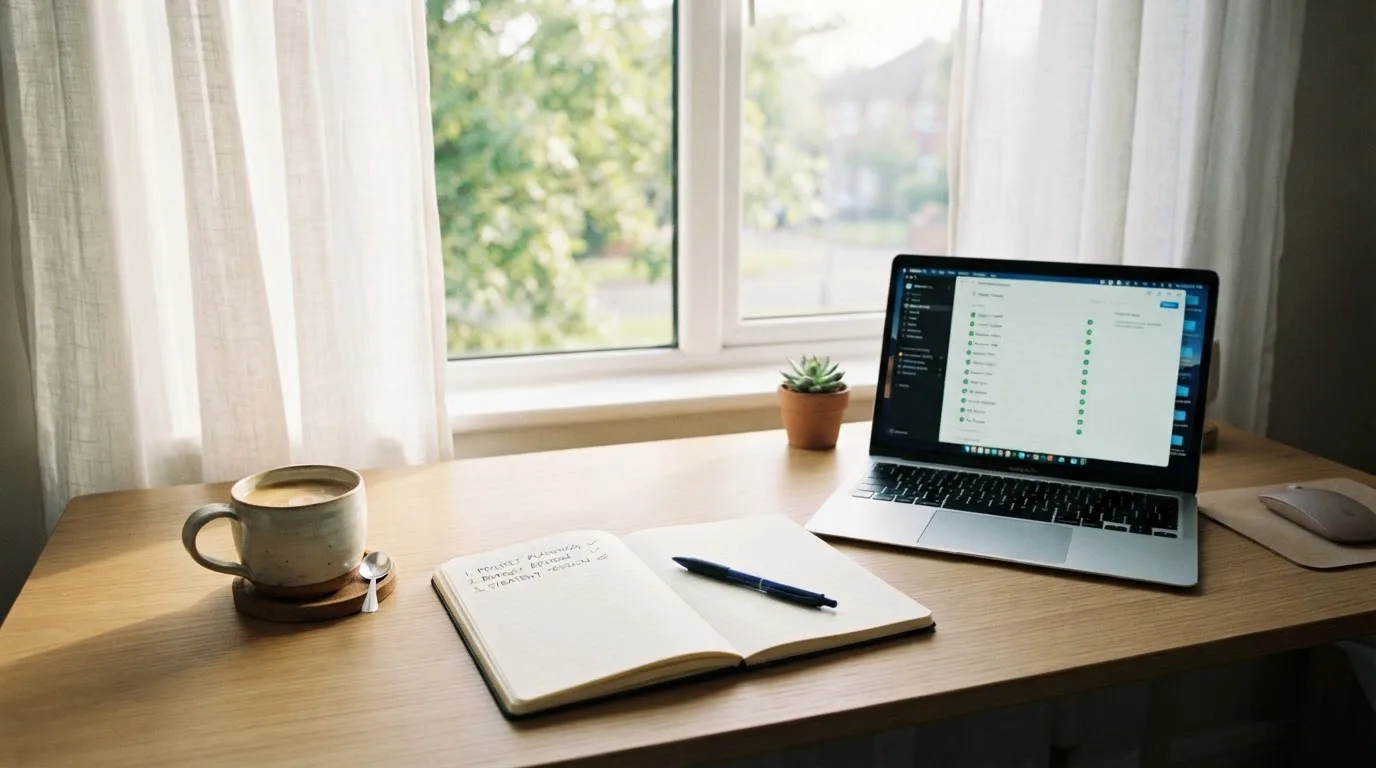 A tidy desk with a notebook, a mug of tea and a laptop open to a checklist, morning light through a window.